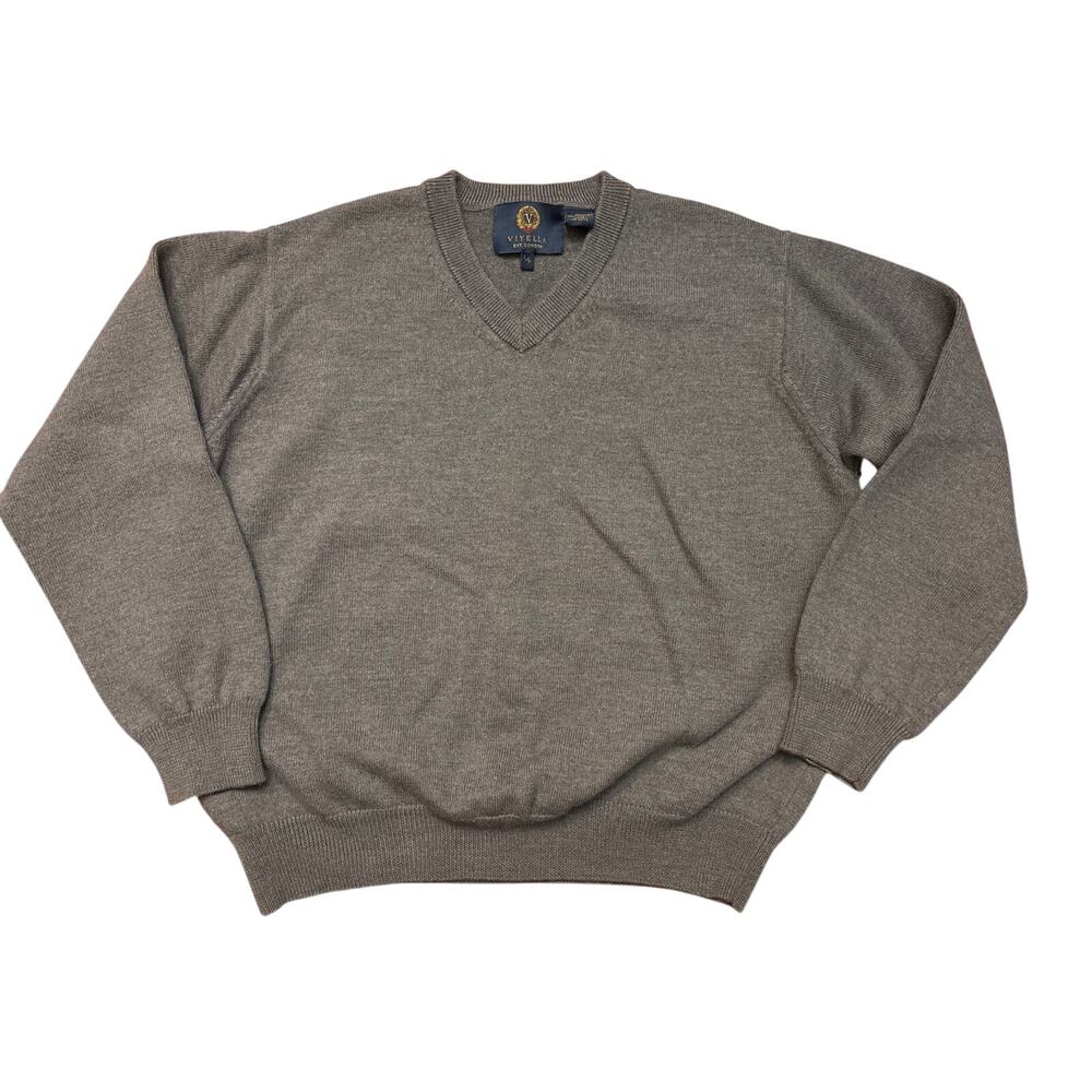 Viyella Sweater Men’s Large Taupe Merino Wool Golf Long Sleeve V-Neck Pullover.